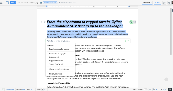 Zoho OpenAI for Writer - Zia Rewrite Request